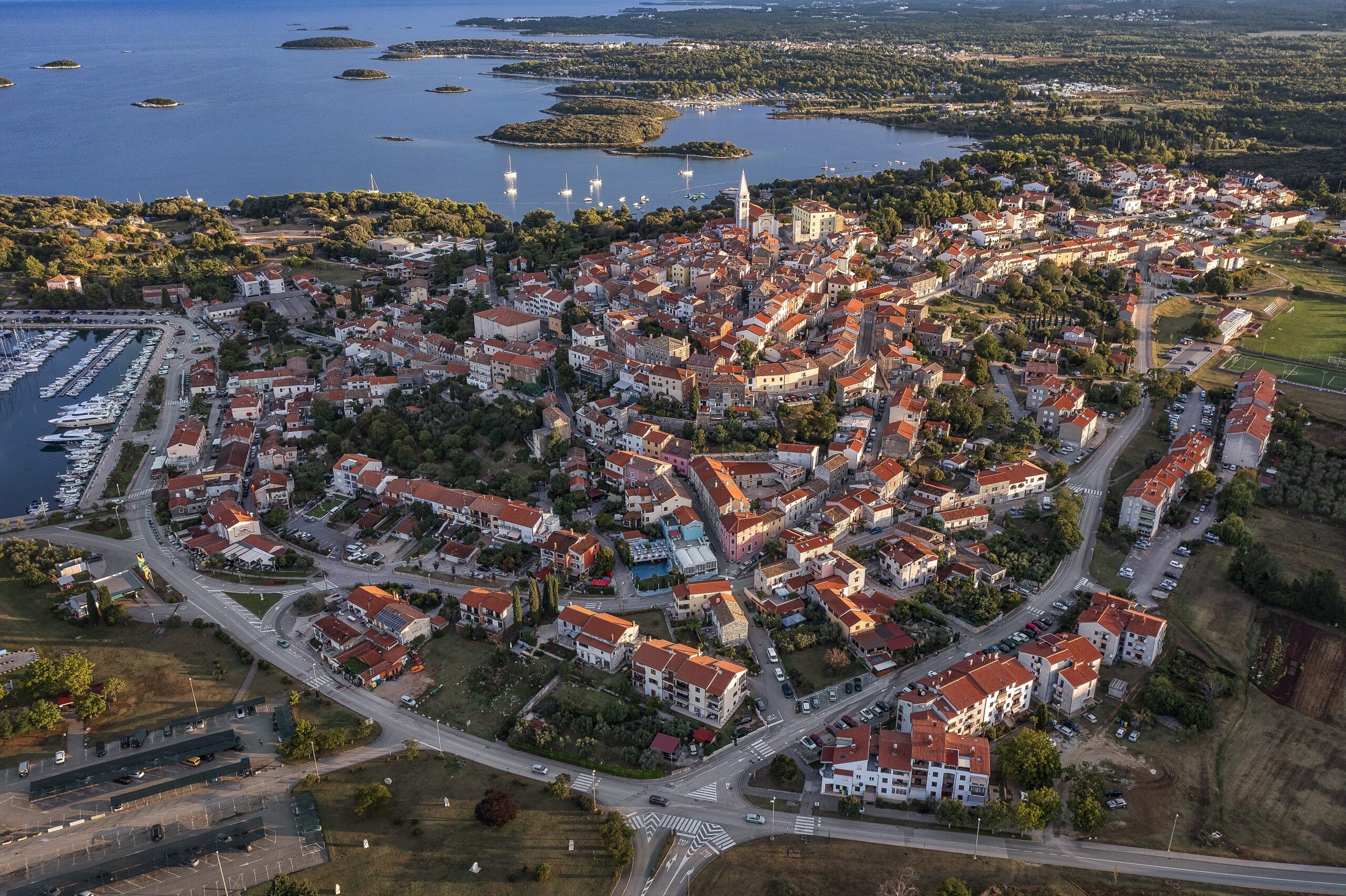 Aerial view to the town of Vrsar (Orsera) on Istrian coast of Croatia at sunrise.